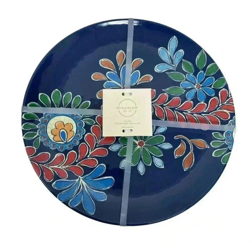 BUNGALOW Set of 4 Melamine 11" Dinner Plates Burgundy Floral Summer Table Decor